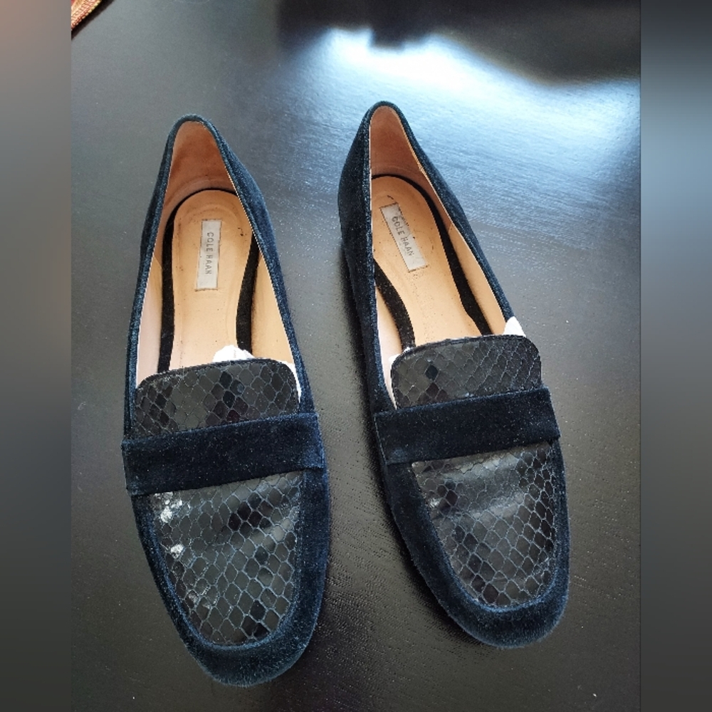 Cole Haan Women's Black Suede Loafers With Snakeskin Effect Trim, 7.5